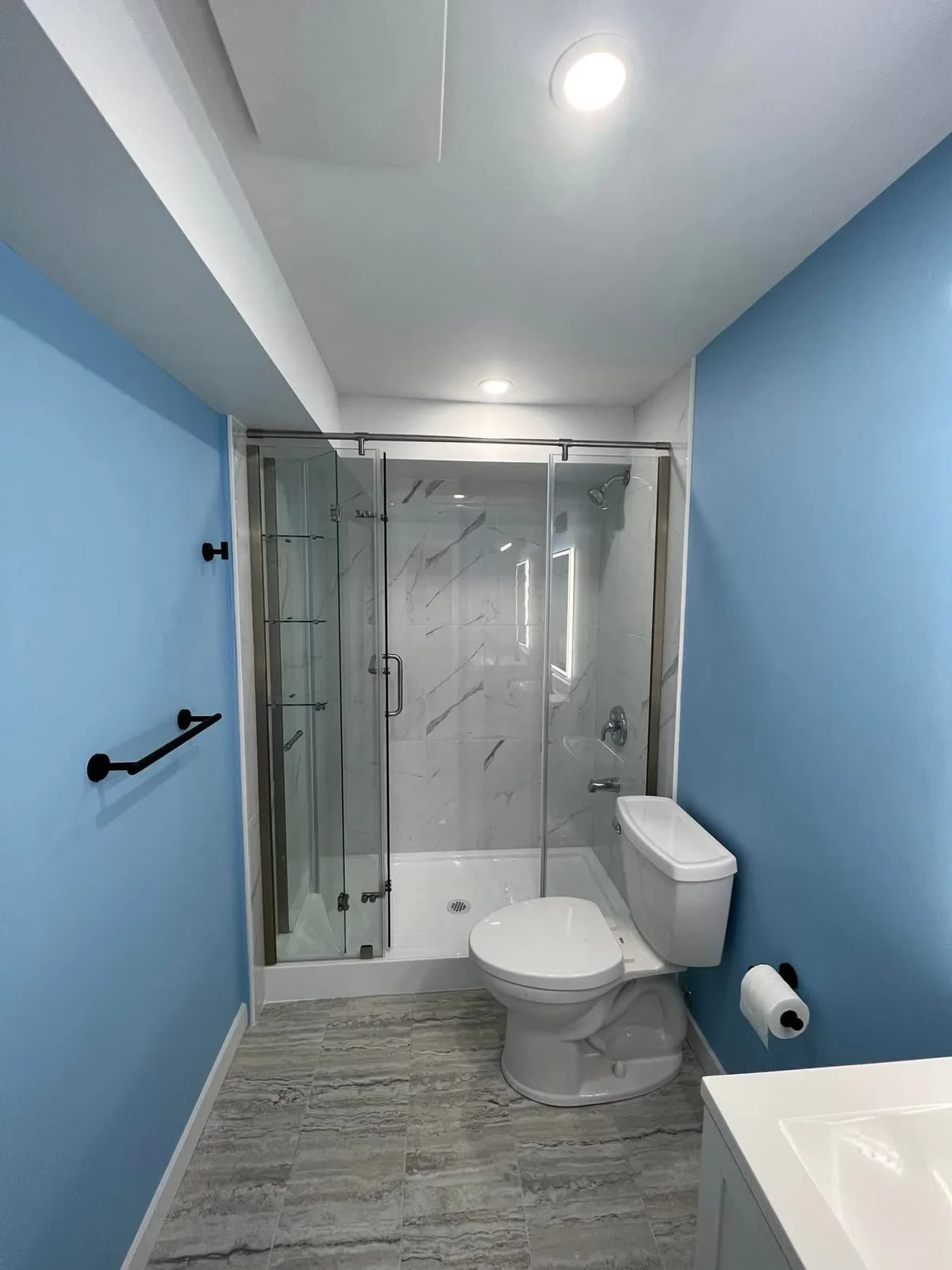 LePro bathroom renovation with blue walls and a glass shower enclosure
